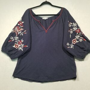 Solitaire M Top Blue Cotton Floral Embroidered Balloon Sleeve Blouse Bohemian